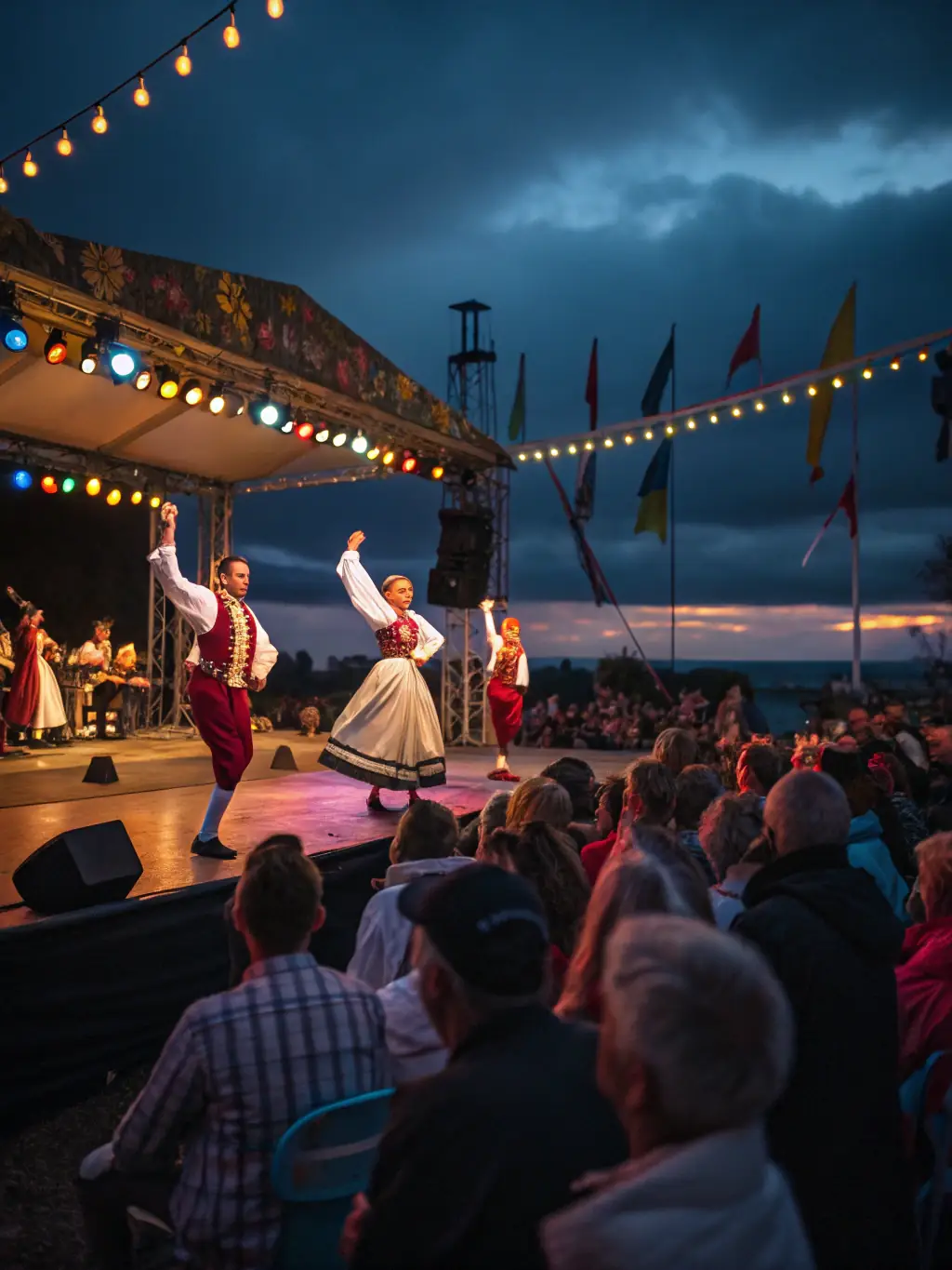 A vibrant image capturing a traditional Breton dance performance during a cultural event held at the Manoir de Goaz Froment.