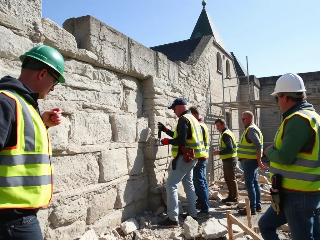 A photograph showcasing volunteers working on the restoration of a section of the Manoir's stone wall, emphasizing the hands-on preservation efforts.