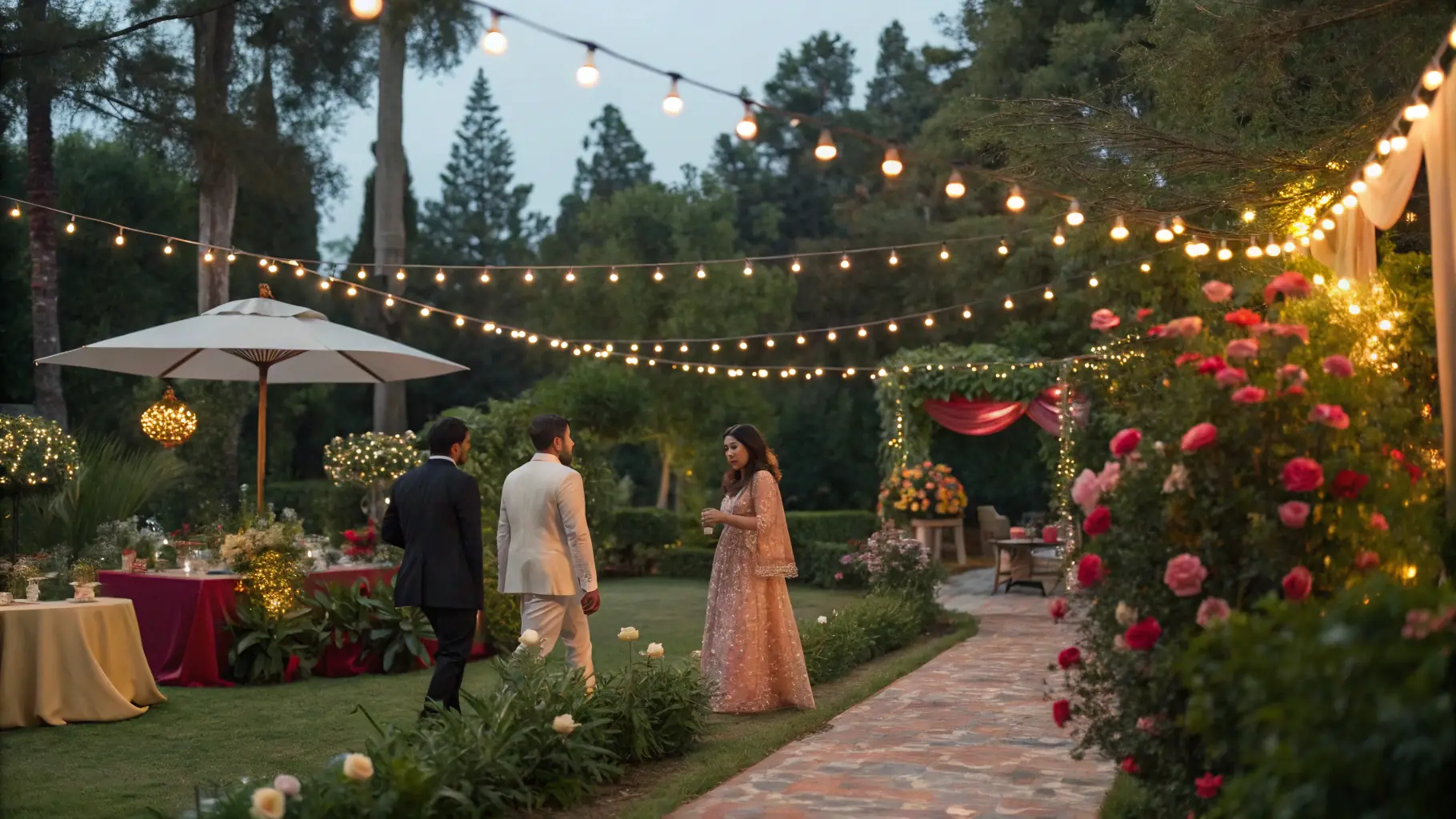 A photograph of a festive celebration at the Manoir de Goaz Froment, with people dancing and enjoying themselves.