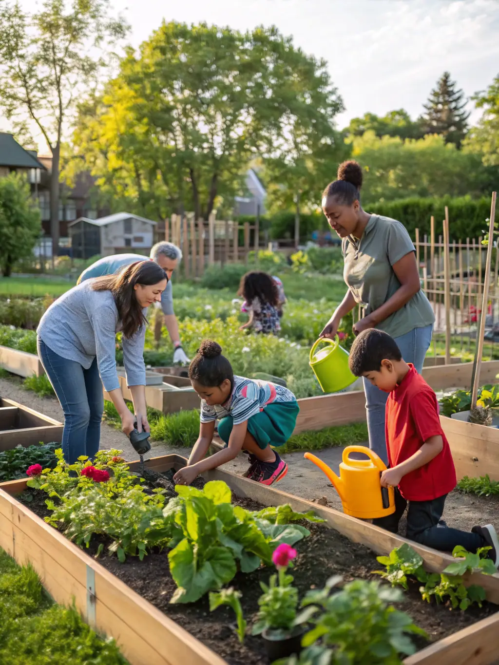 A photo of a community gardening project within the grounds of the Manoir, showing local residents planting flowers and vegetables.