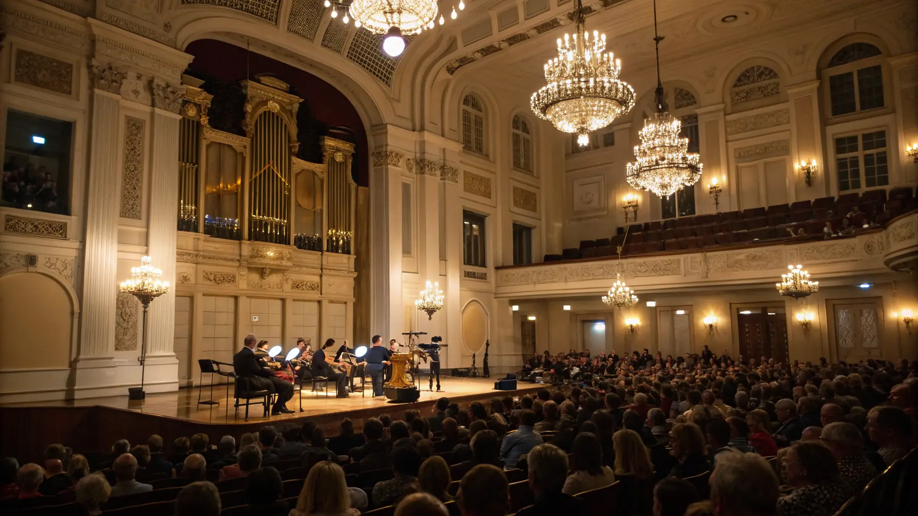A photograph of a classical music concert at the Manoir de Goaz Froment, featuring musicians on stage and an attentive audience.