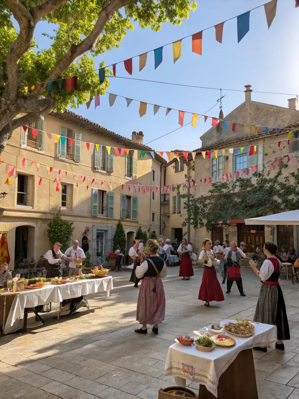 A vibrant image of a cultural event held in the Manoir's courtyard, with attendees enjoying traditional music and dance, illustrating the cultural enrichment provided.