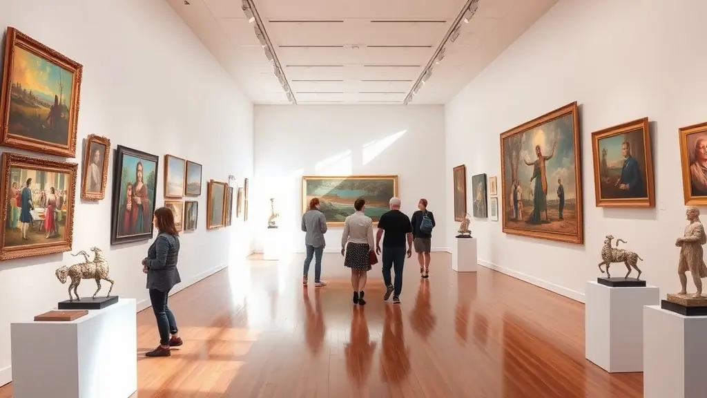 A photograph of an art exhibition at the Manoir de Goaz Froment, showcasing various paintings and sculptures.